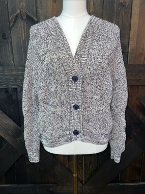 360 Sweater Italian Yarn Cream Blue Marled Cardigan Button Up L Chunky Oversized